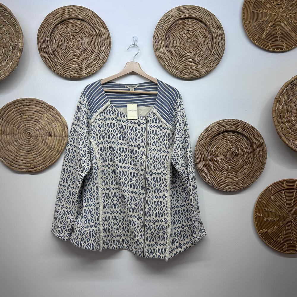 NEW Lucky Brand Lightweight Jacket Plus Size 3X Blue Cream Print Striped - Picture 2 of 5